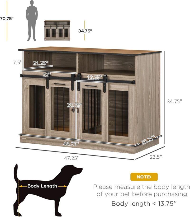 Dog Crate Furniture for Large Dogs or Double Dog Kennel for Small Dogs with Shelves, Sliding Doors, 47" x 23.5" x 35", Oak - Image 3