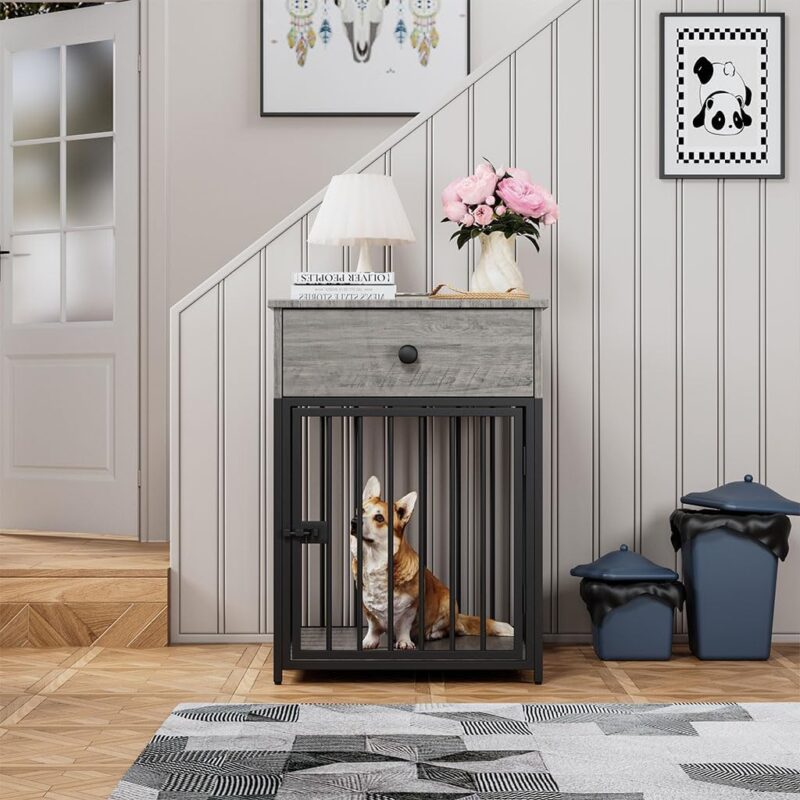 Small Dog Crate Furniture, Metal and Wood Dog Kennel End Table with Storage Drawer and Lock Door, Indoor Decorative Dog Crate Furniture for Small Dog, 19.7" L x 22.9" W x 27.2" H,Gray - Image 7