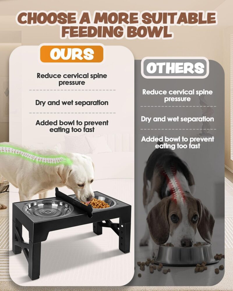 Elevated Dog Bowls, 5 Heights Adjustable Elevated Dog Bowls with Partition & Non-Slip Feet, Dog Feeder with Stainless Steel & Slow Feeder Dog Bowls, Raised Dog Bowls for Medium Large Dogs - Image 6