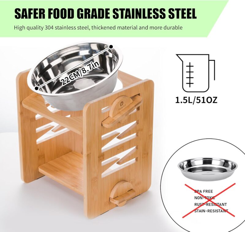 Elevated Dog Bowls, 9 Heights Adjustable Raised Dog Bowl 4.7″-11.8″, with Food Grade 304 Stainless Steel 51 OZ, Bamboo Dog Bowl Stand for Medium and Large Dogs, 1 Pack - Image 4