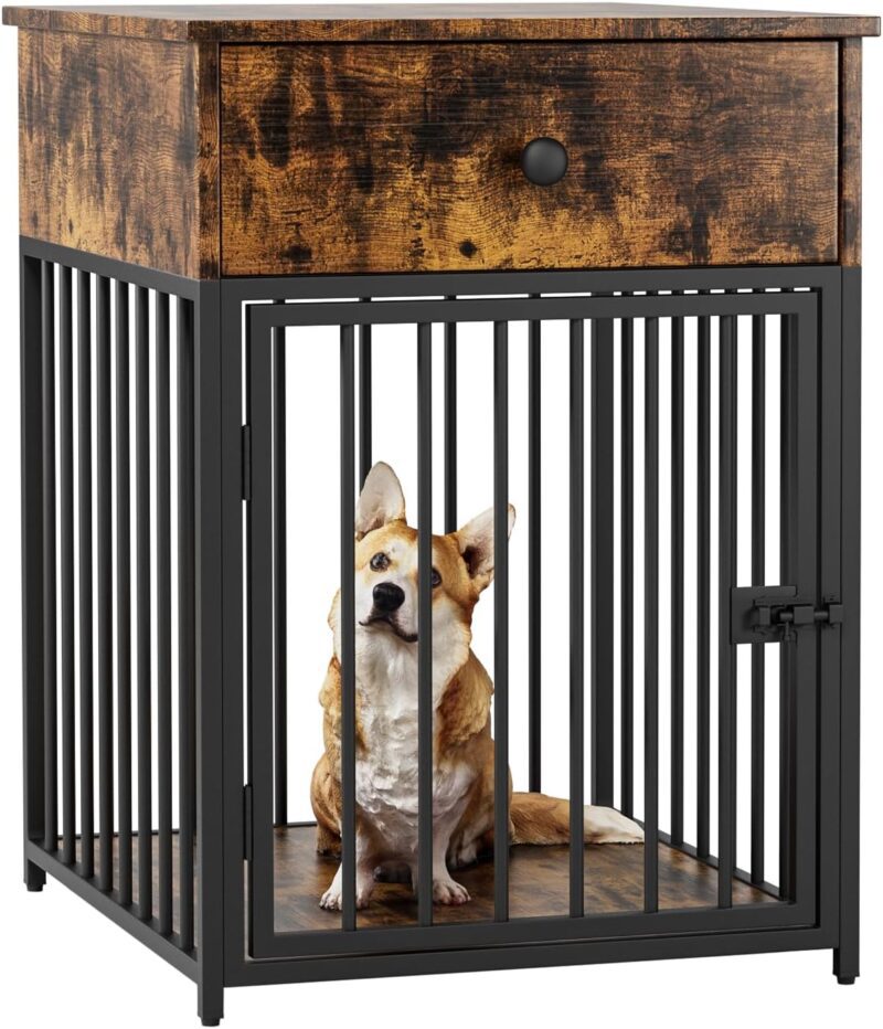 Dog Crate Furniture, Dog House, Decorative Dog Kennel with Drawer, Indoor Pet Crate End Table for Small Dog, Iron-Tube Dog Cage, Chew-Proof