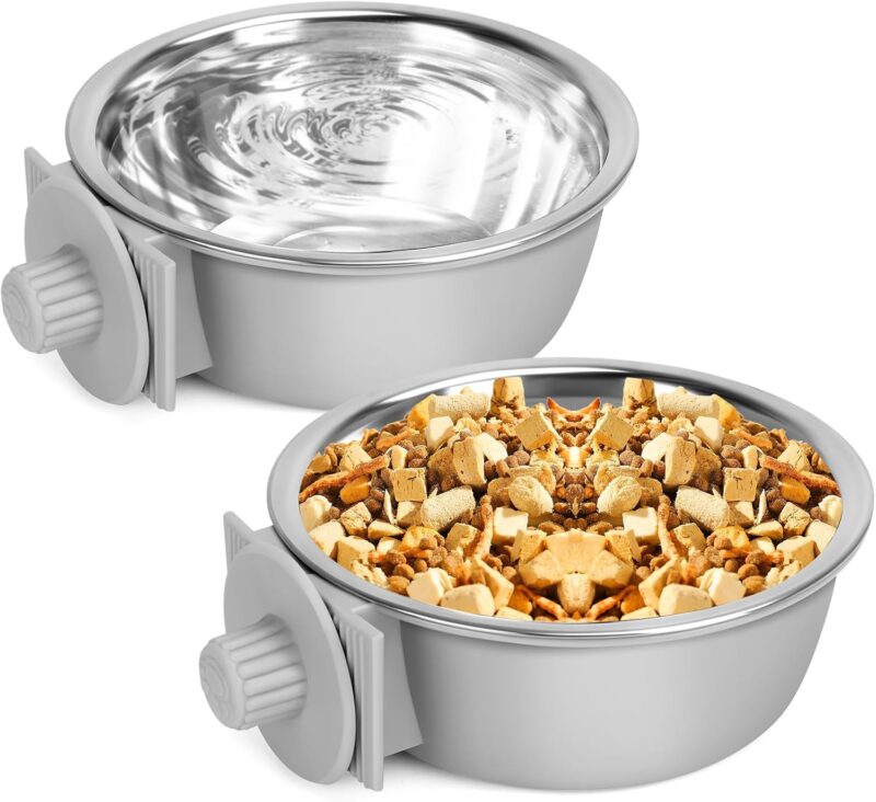 2 Pcs Crate Dog Bowl, Removable Stainless Steel Pet Kennel Hanging Food Water Feeder Bowl Set Non-Spill Cage Feeder for Puppy Small Medium Dog Cat Rabbit Ferret Bird