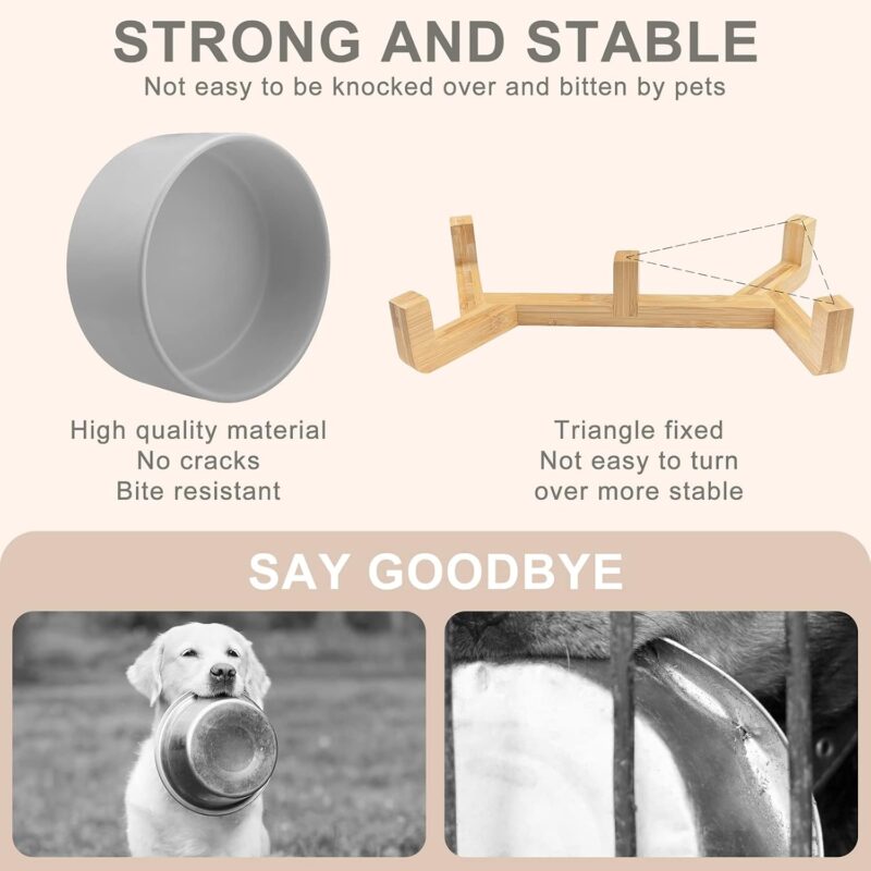 KPWACD Ceramic Dog Bowl for Food and Water, Weighted Dog Bowls Set with Anti-Slip Wooden Stand, 400ml/14OZ Dog Dish Bowl Suitable for Small, medium and Large Sized Pets, Grey - Image 4