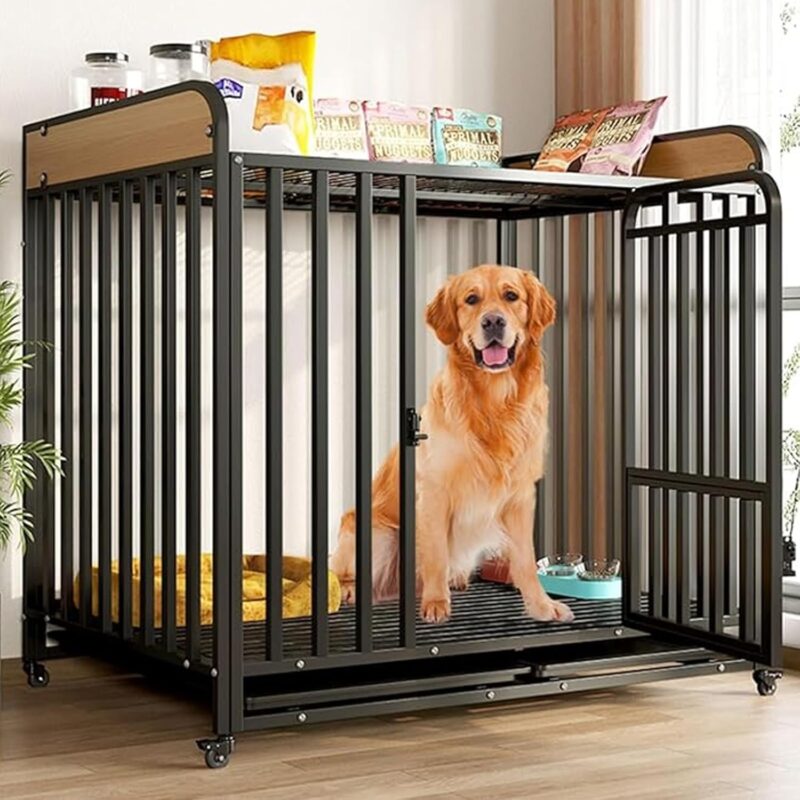 Medium size dog crate with side table decorative pet crate,dog crate furniture,With shelving table,Convenient storage,Thick square tubes, suitable for indoor use for large/medium/small dogs(Black,79cm