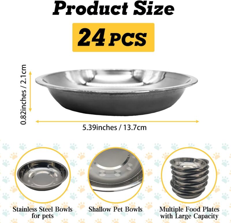 Hamiledyi 24 Pcs Stainless Steel Cat Bowls Shallow Metal Pet Dishes Cat Food Feeding Plates Replacement Whisker Fatigue Kitten Food Bowl for Dogs Cats and Other Small Animals (5.40 Inch Diameter) - Image 4