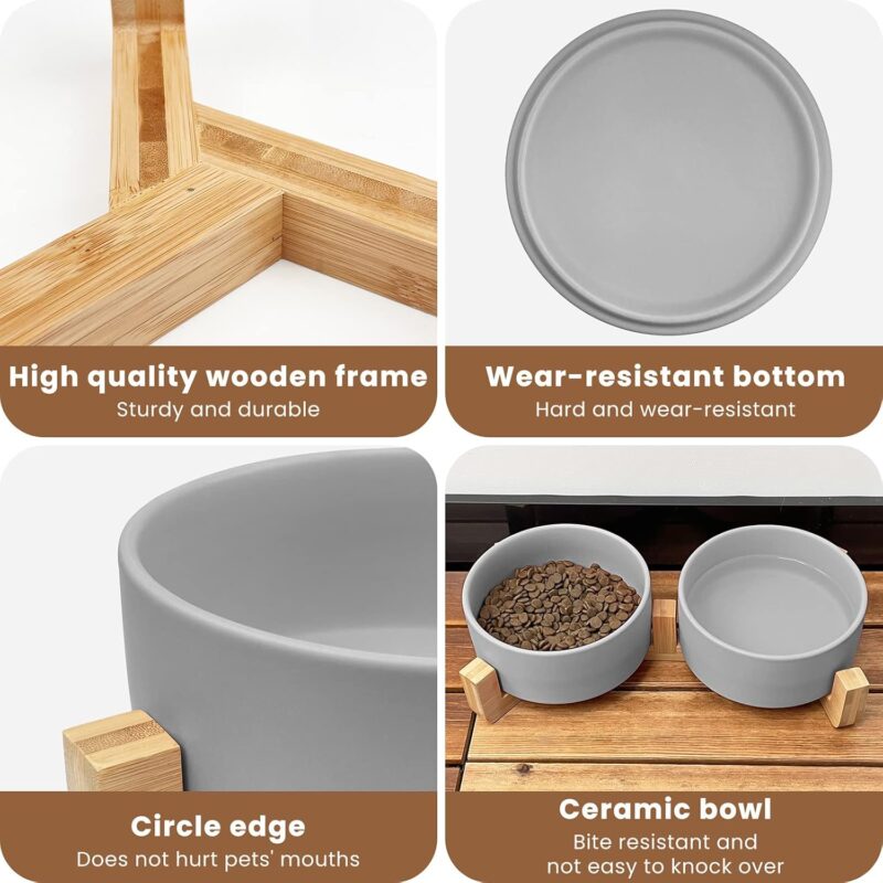 KPWACD Ceramic Dog Bowl for Food and Water, Weighted Dog Bowls Set with Anti-Slip Wooden Stand, 400ml/14OZ Dog Dish Bowl Suitable for Small, medium and Large Sized Pets, Grey - Image 6