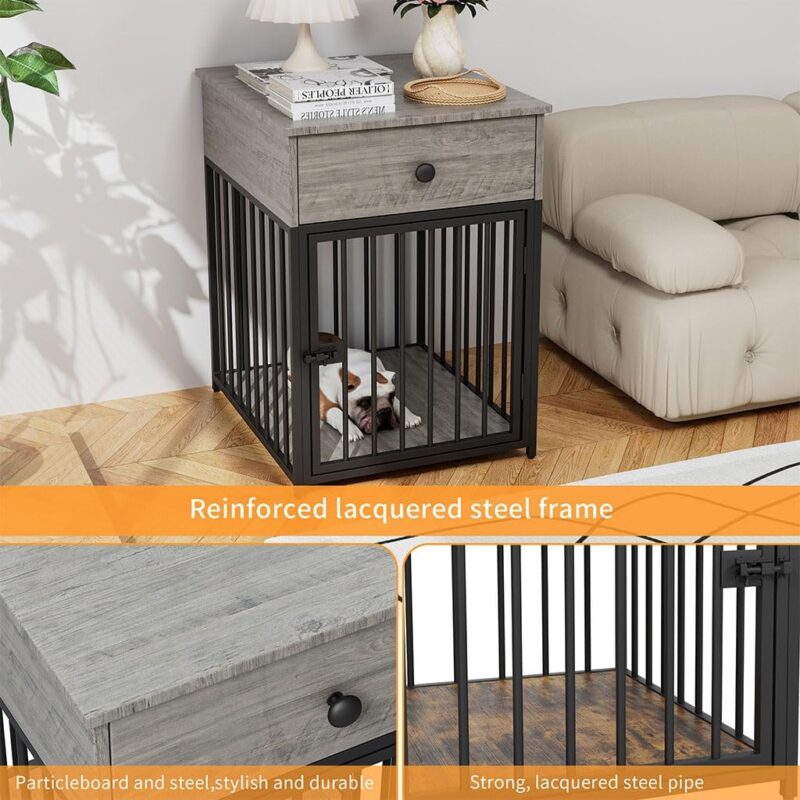 Small Dog Crate Furniture, Metal and Wood Dog Kennel End Table with Storage Drawer and Lock Door, Indoor Decorative Dog Crate Furniture for Small Dog, 19.7" L x 22.9" W x 27.2" H,Gray - Image 4