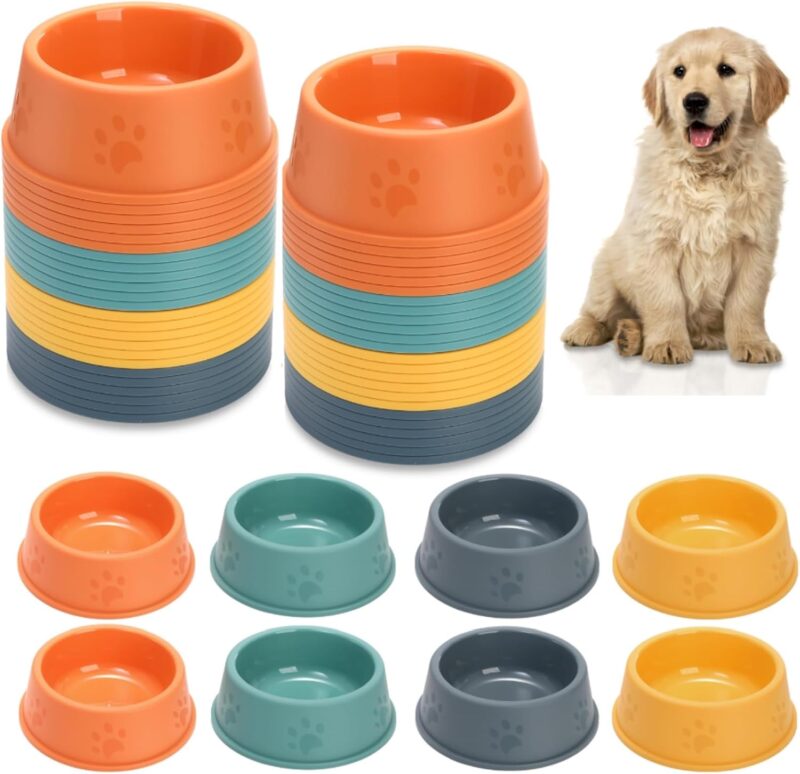 24 Pack Plastic Dog Bowl, 10 Oz Reusable Pet Food and Water Bowl with Cute Dog Paw Print, Stackable Puppy Cat Feeding Bowls Food Dishes for Dog Cat Party Supplies, 4 Color