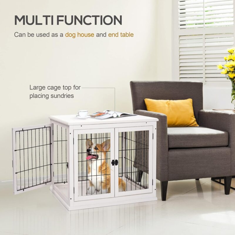 Dog Crate Furniture, Small Dog Cage End Table with Two Opening Sides, Lockable Door, Puppy Kennel Indoor, Cute and Decorative, Pure White - Image 3