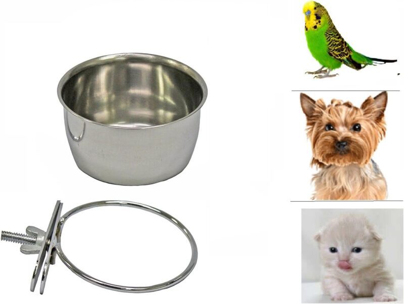 Pet Dog Stainless Steel Coop Cups with Clamp Holder - Detached Dog Cat Cage Kennel Hanging Bowl,Metal Food Water Feeder for Small Animal Ferret Rabbit (Small)