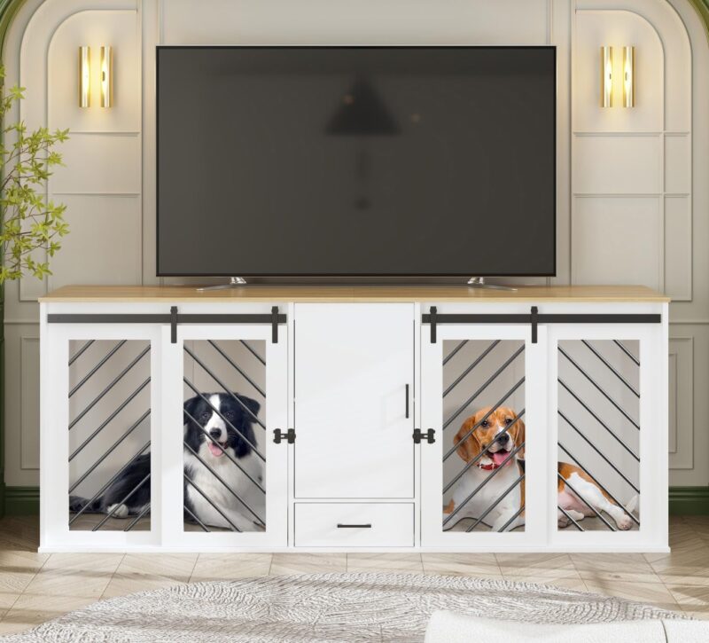 Dog Cage Furniture, 81.5" Furniture Dog Crate with Shelves, Drawer and Sliding Doors for 2 Dogs, Modern Dog Crate Enclosure Funiture for Large Medium Dog, Dual Dog Crate Furniture, White