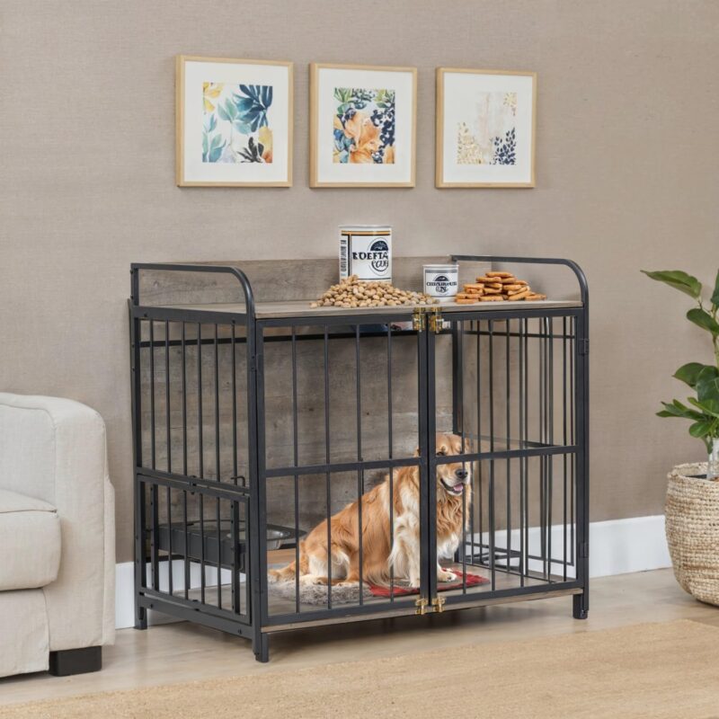 39'' Indoor Metal Dog Crate with Double Doors, Wooden Side End Table Crate, Dog Crate Furniture with Adjustable Feeder Stand, for Medium Dog, Gray - Image 3