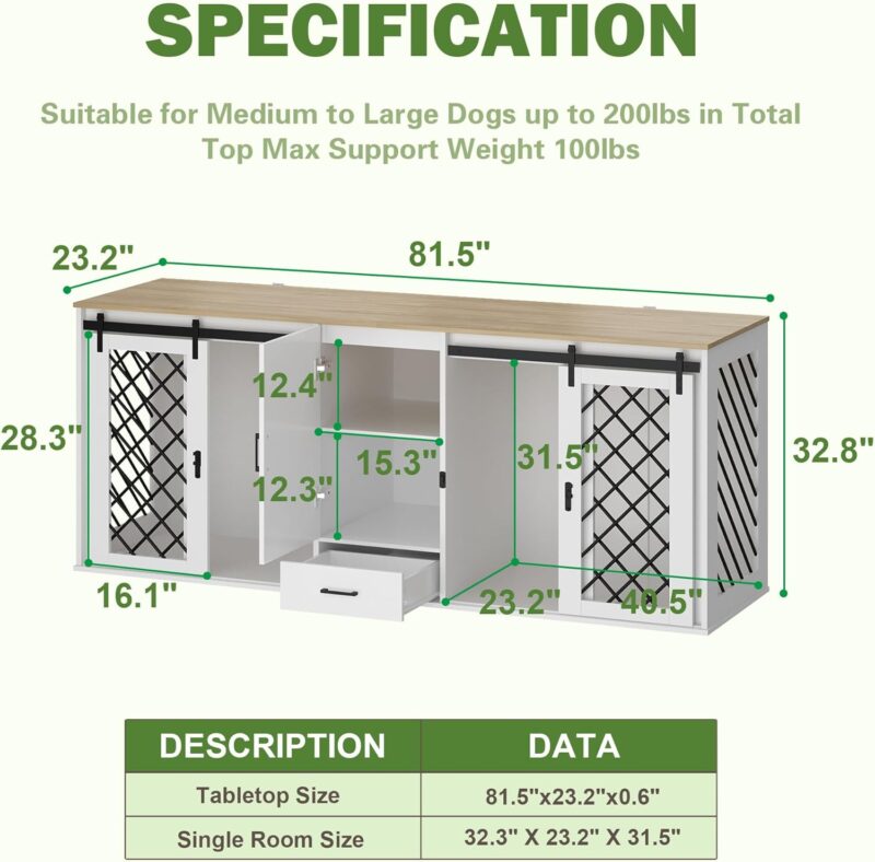 Dog Cage Furniture, 81.5" Furniture Dog Crate with Shelves, Drawer and Sliding Doors for 2 Dogs, Modern Dog Crate Enclosure Funiture for Large Medium Dog, Dual Dog Crate Furniture, White - Image 4