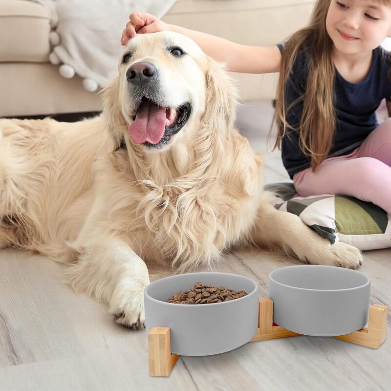 KPWACD Ceramic Dog Bowl for Food and Water, Weighted Dog Bowls Set with Anti-Slip Wooden Stand, 400ml/14OZ Dog Dish Bowl Suitable for Small, medium and Large Sized Pets, Grey - Image 3