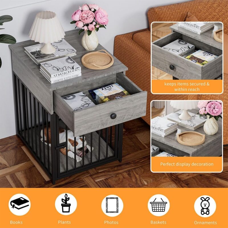 Small Dog Crate Furniture, Metal and Wood Dog Kennel End Table with Storage Drawer and Lock Door, Indoor Decorative Dog Crate Furniture for Small Dog, 19.7" L x 22.9" W x 27.2" H,Gray - Image 2