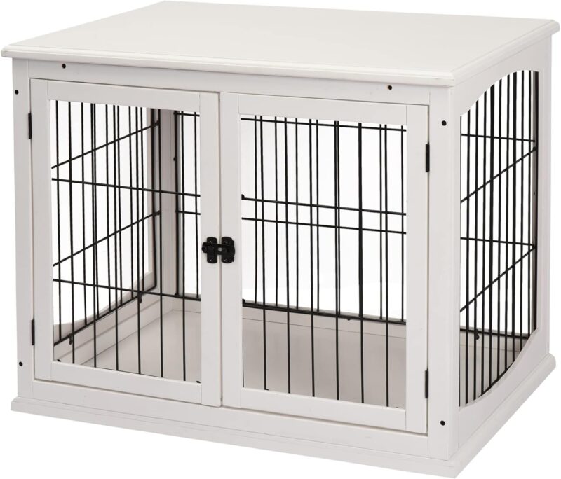 Dog Crate Furniture, Small Dog Cage End Table with Two Opening Sides, Lockable Door, Puppy Kennel Indoor, Cute and Decorative, Pure White