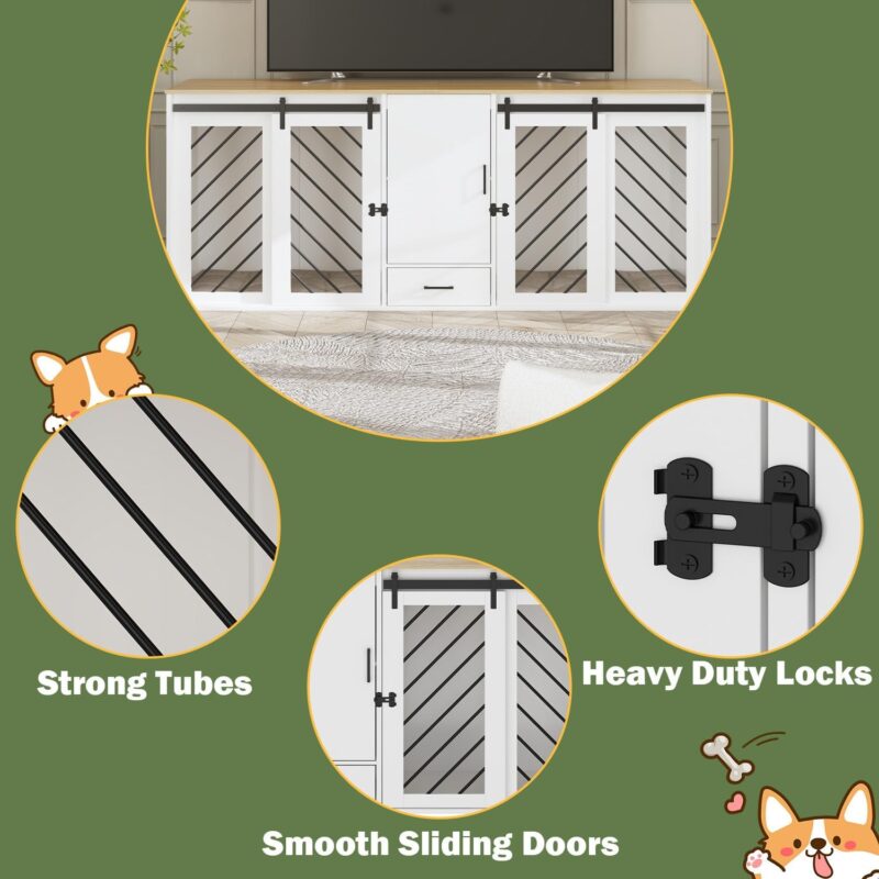 Dog Cage Furniture, 81.5" Furniture Dog Crate with Shelves, Drawer and Sliding Doors for 2 Dogs, Modern Dog Crate Enclosure Funiture for Large Medium Dog, Dual Dog Crate Furniture, White - Image 3