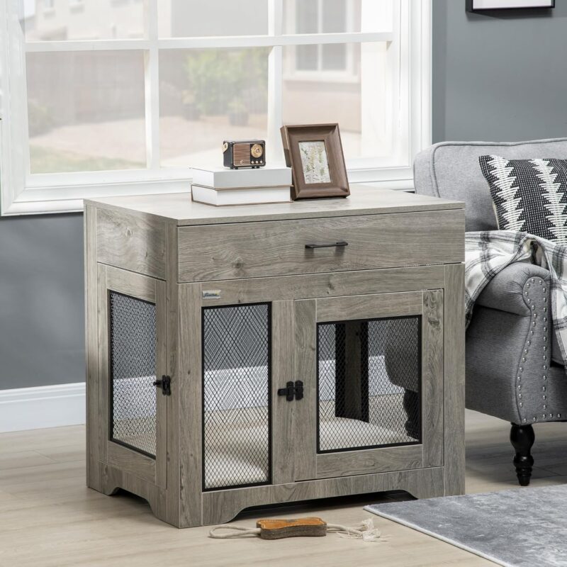 Dog Crate Furniture with Soft Water-Resistant Cushion, Dog Crate End Table with Drawer, Puppy Crate for Small Dogs Indoor with 2 Doors, Grey - Image 9