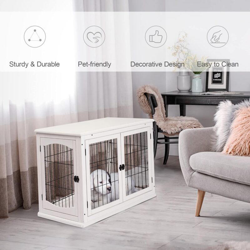 Dog Crate Furniture, Small Dog Cage End Table with Two Opening Sides, Lockable Door, Puppy Kennel Indoor, Cute and Decorative, Pure White - Image 4