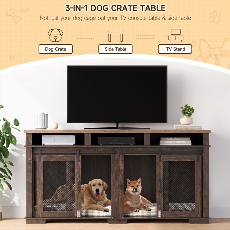 IDEALHOUSE 71" Extra Large Dog Crate Furniture, Wooden Double Dog Crates Kennel Cage,Furniture Style Tv Stand Side End Table for 2 Dogs With Removable Divider for Large Dogs,3 Storage,Dark Walnut/Ligh - Image 2