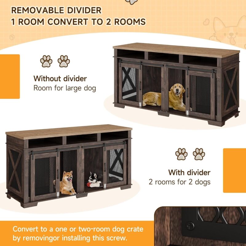 IDEALHOUSE 71" Extra Large Dog Crate Furniture, Wooden Double Dog Crates Kennel Cage,Furniture Style Tv Stand Side End Table for 2 Dogs With Removable Divider for Large Dogs,3 Storage,Dark Walnut/Ligh - Image 3