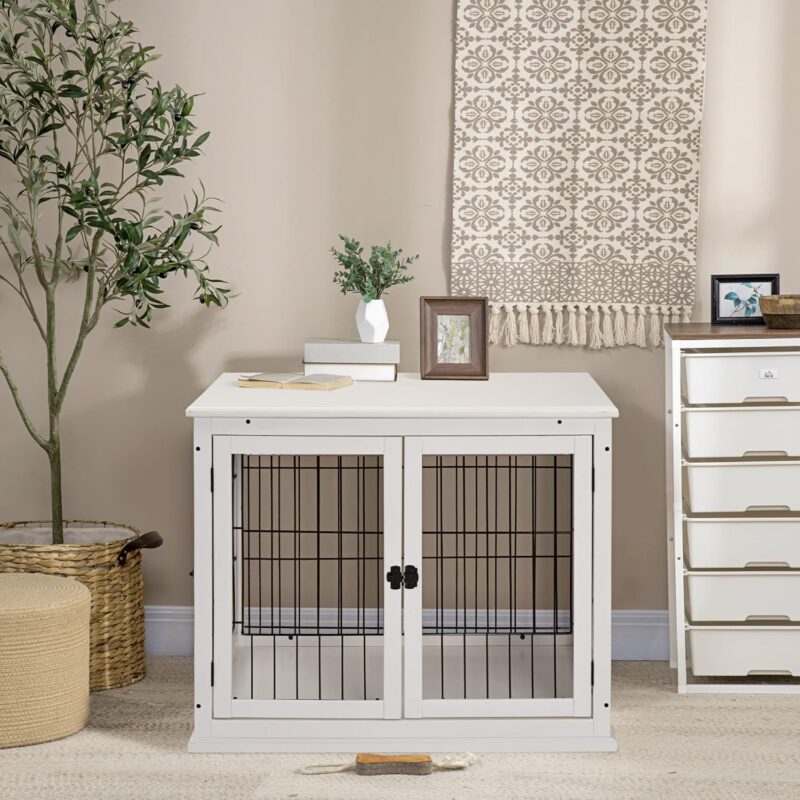 Dog Crate Furniture, Small Dog Cage End Table with Two Opening Sides, Lockable Door, Puppy Kennel Indoor, Cute and Decorative, Pure White - Image 6