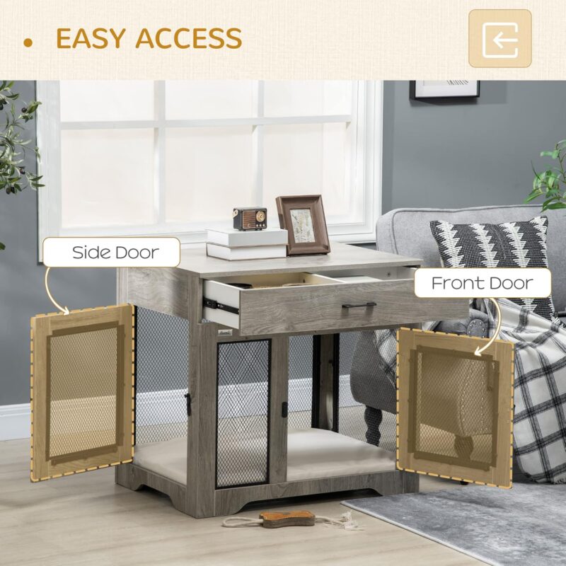 Dog Crate Furniture with Soft Water-Resistant Cushion, Dog Crate End Table with Drawer, Puppy Crate for Small Dogs Indoor with 2 Doors, Grey - Image 3