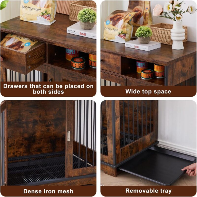 Furniture Dog Crate, Indoor Pet Crate End Tables, Decorative Wooden Kennels with Removable Trays, Rustic Brown, 32.3'' W x 22.8'' D x 33.5'' H - Image 5