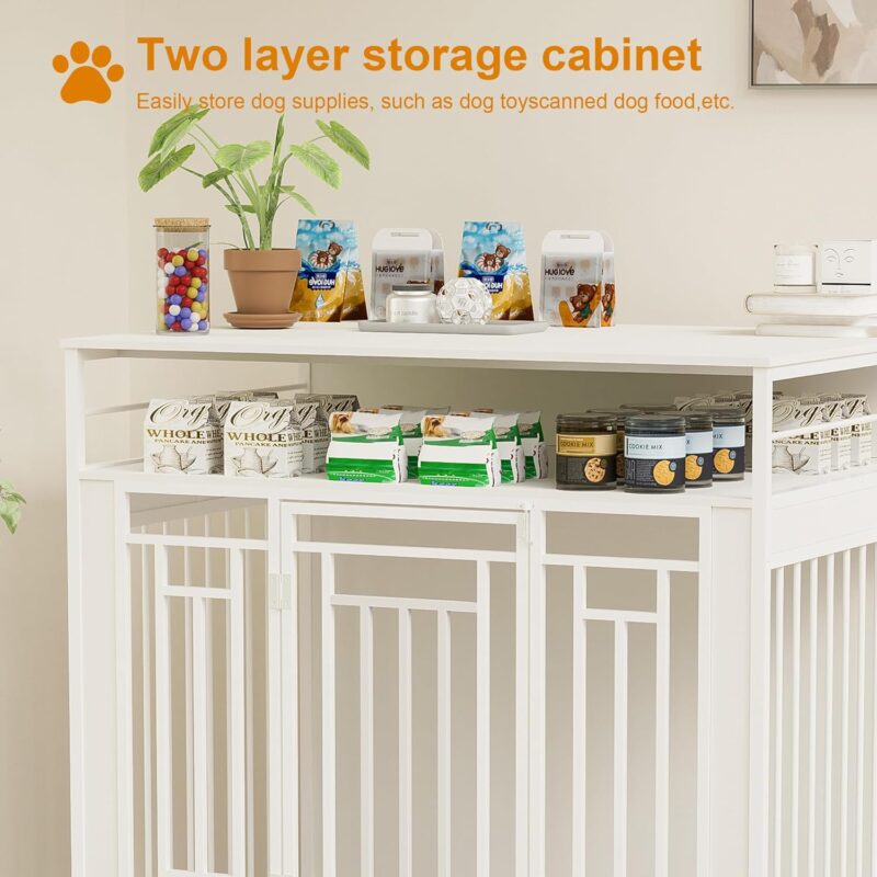 Large Wooden Dog Cage Furniture & Double Door House with Storage, Divider for Medium and Large Dogs - White - Image 6