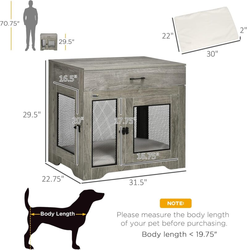 Dog Crate Furniture with Soft Water-Resistant Cushion, Dog Crate End Table with Drawer, Puppy Crate for Small Dogs Indoor with 2 Doors, Grey - Image 4