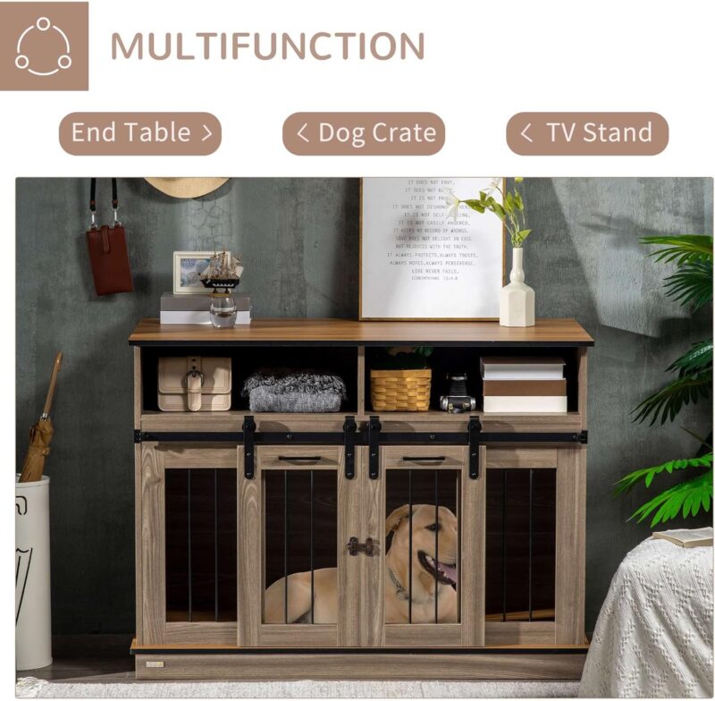 Dog Crate Furniture for Large Dogs or Double Dog Kennel for Small Dogs with Shelves, Sliding Doors, 47" x 23.5" x 35", Oak - Image 2