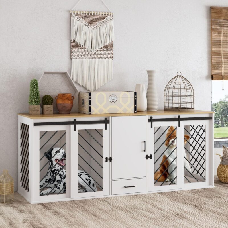 Dog Cage Furniture, 81.5" Furniture Dog Crate with Shelves, Drawer and Sliding Doors for 2 Dogs, Modern Dog Crate Enclosure Funiture for Large Medium Dog, Dual Dog Crate Furniture, White - Image 2