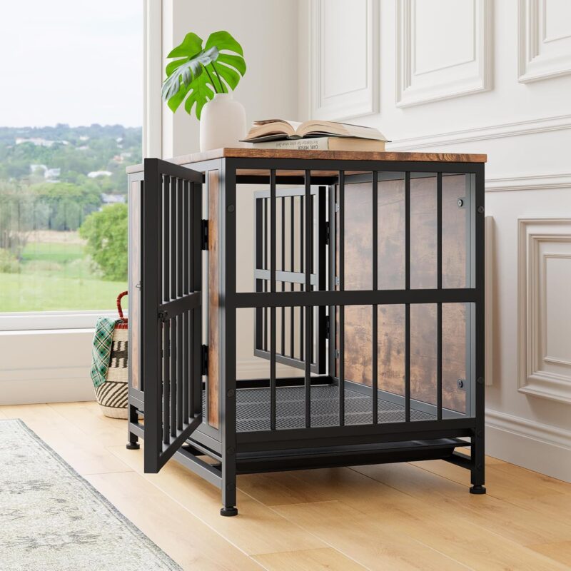 Dog Crate Furniture, Wooden Dog Crate Table, 27.48" Dog Kennel with 2 Sliding Doors and Thick Iron Door Frame, Decorative Pet Crate House for Small Dog Indoor Use(Rustic Brown) - Image 7