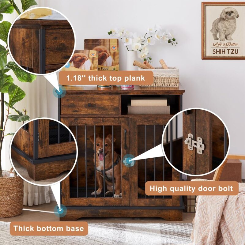 Furniture Dog Crate, Indoor Pet Crate End Tables, Decorative Wooden Kennels with Removable Trays, Rustic Brown, 32.3'' W x 22.8'' D x 33.5'' H - Image 4