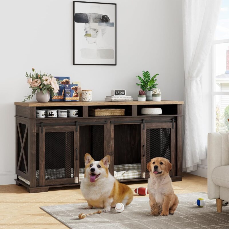 IDEALHOUSE 71" Extra Large Dog Crate Furniture, Wooden Double Dog Crates Kennel Cage,Furniture Style Tv Stand Side End Table for 2 Dogs With Removable Divider for Large Dogs,3 Storage,Dark Walnut/Ligh