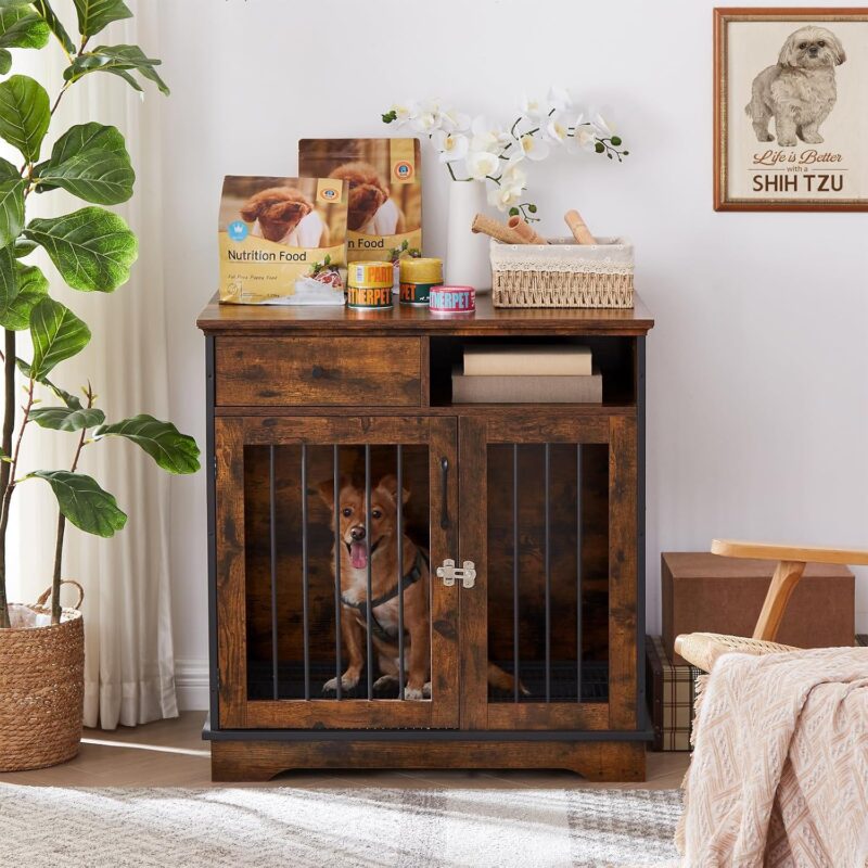 Furniture Dog Crate, Indoor Pet Crate End Tables, Decorative Wooden Kennels with Removable Trays, Rustic Brown, 32.3'' W x 22.8'' D x 33.5'' H