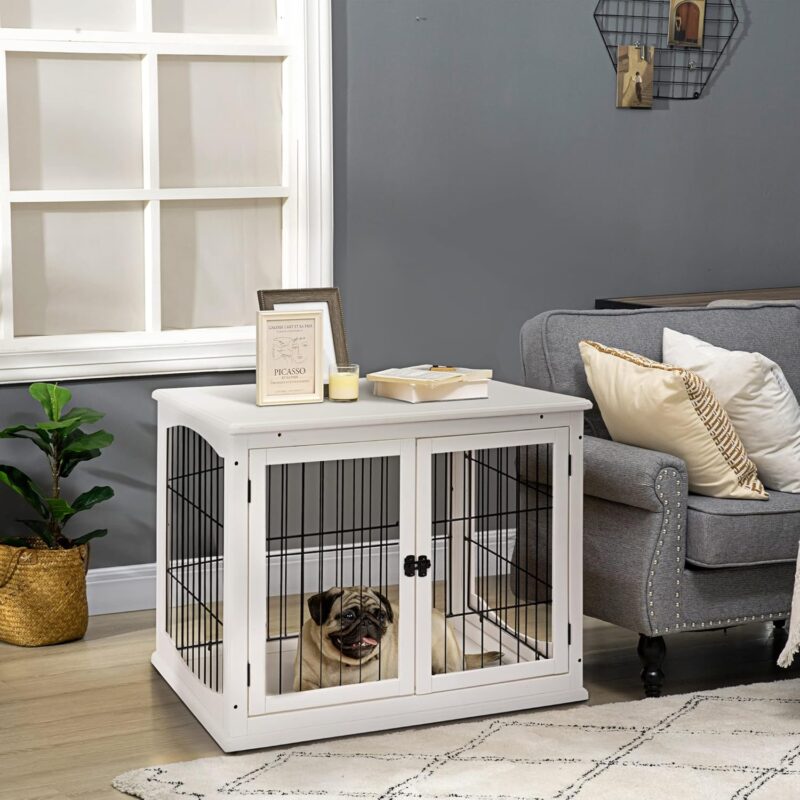 Dog Crate Furniture, Small Dog Cage End Table with Two Opening Sides, Lockable Door, Puppy Kennel Indoor, Cute and Decorative, Pure White - Image 2