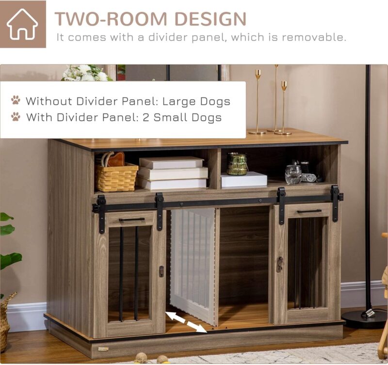 Dog Crate Furniture for Large Dogs or Double Dog Kennel for Small Dogs with Shelves, Sliding Doors, 47" x 23.5" x 35", Oak - Image 7