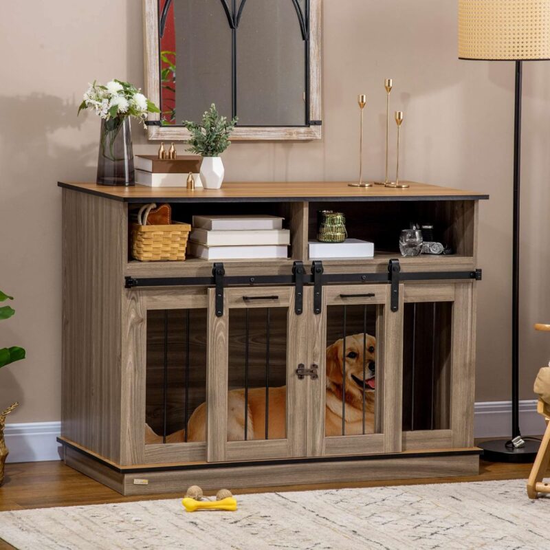 Dog Crate Furniture for Large Dogs or Double Dog Kennel for Small Dogs with Shelves, Sliding Doors, 47" x 23.5" x 35", Oak - Image 5