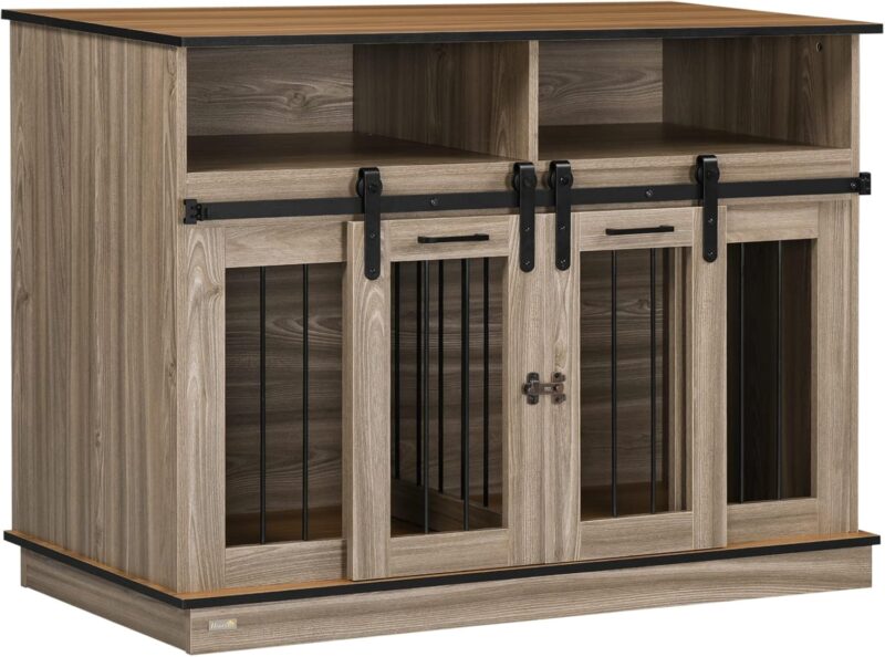 Dog Crate Furniture for Large Dogs or Double Dog Kennel for Small Dogs with Shelves, Sliding Doors, 47" x 23.5" x 35", Oak