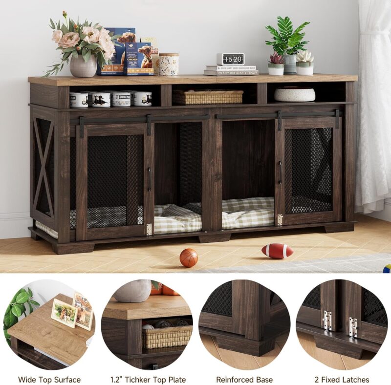 IDEALHOUSE 71" Extra Large Dog Crate Furniture, Wooden Double Dog Crates Kennel Cage,Furniture Style Tv Stand Side End Table for 2 Dogs With Removable Divider for Large Dogs,3 Storage,Dark Walnut/Ligh - Image 5