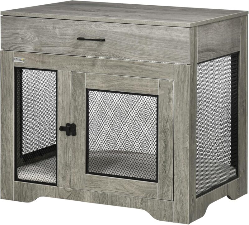 Dog Crate Furniture with Soft Water-Resistant Cushion, Dog Crate End Table with Drawer, Puppy Crate for Small Dogs Indoor with 2 Doors, Grey