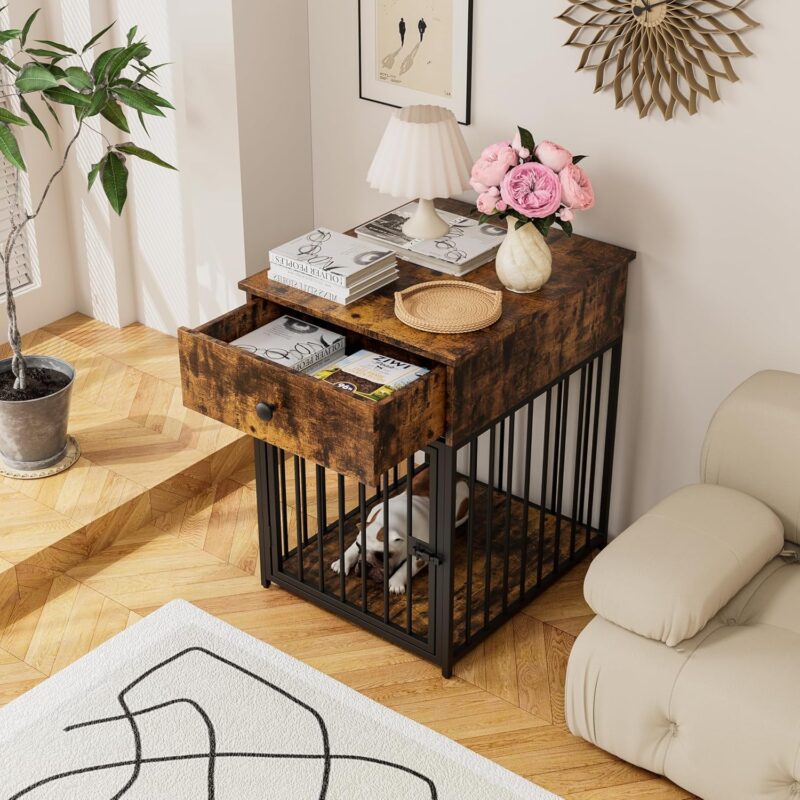 Dog Crate Furniture, Dog House, Decorative Dog Kennel with Drawer, Indoor Pet Crate End Table for Small Dog, Iron-Tube Dog Cage, Chew-Proof - Image 4