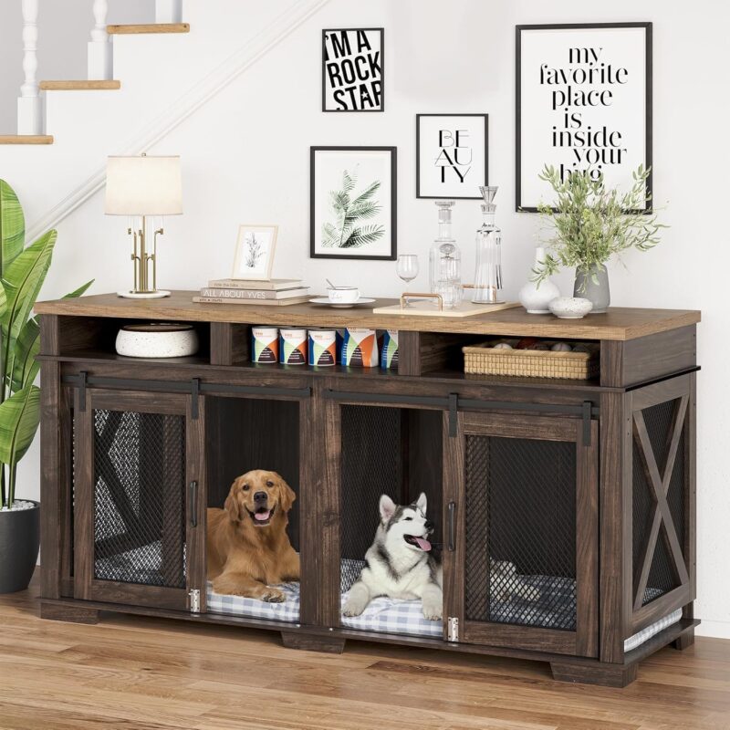 IDEALHOUSE 71" Extra Large Dog Crate Furniture, Wooden Double Dog Crates Kennel Cage,Furniture Style Tv Stand Side End Table for 2 Dogs With Removable Divider for Large Dogs,3 Storage,Dark Walnut/Ligh - Image 7