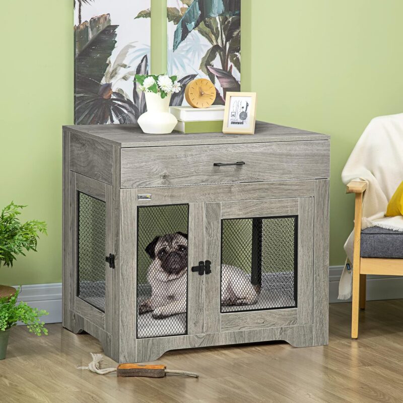 Dog Crate Furniture with Soft Water-Resistant Cushion, Dog Crate End Table with Drawer, Puppy Crate for Small Dogs Indoor with 2 Doors, Grey - Image 2