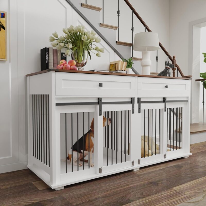 63'' Large Double Dog Crate Furniture for 2 Dogs, Heavy Duty Wooden Dog Kennel with 2 Drawers,Divider and Sliding Door, Water Resistant Indoor Pets Furniture Style Double Dog Crates TV Stand - Image 3