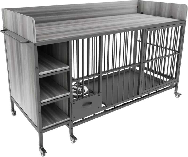 Dog Crate Furniture,Wooden Dog Crate End Table, 57 Inch Dog Kennel with Drawers,Heavy Duty Dog Crate,Decorative Pet Crate Dog Cage for Indoor 57" L x 23.6" W x 33.4" H (Gray)