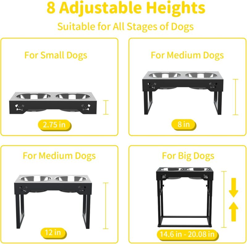 Elevated Dog Bowls, Stainless Steel Raised Dog Bowls Adjustable to 8 Heights, 2.75", 7.5", 10.5'', 14''-20'', for Medium & Large Sized Dogs, with 2 Stainless Steel Dog Bowls for Food & Water - Image 5