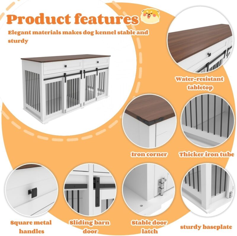 63 inch Large Dog Crate for 2 Dogs, Farmhouse Dog Kennel Indoor with Divider and Sliding Door, Water-Resistant Indoor Dog Crate for Double Dogs, Decorative Pet Crate End Table for Large Dogs, White - Image 5