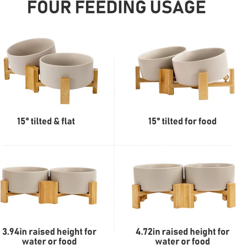 SPUNKYJUNKY 15° Slanted Ceramic Dog and Cat Bowl with Wooden Stand, Tilted Bulldog Food and Water Bowl No Slip Non-Spill for Cats Medium Dogs Big Face Pets 28.7 OZ (3.6 Cups, Grey × 2) - Image 3